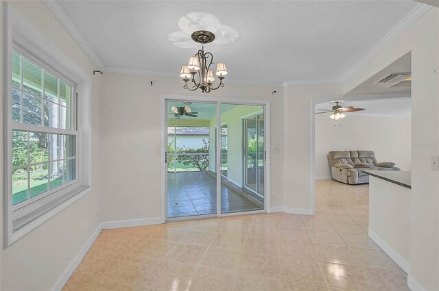 1674 Cottonwood Trl, Sarasota, FL 34232 - empty room with a ceiling fan, light tile patterned flooring, crown molding, and a chandelier