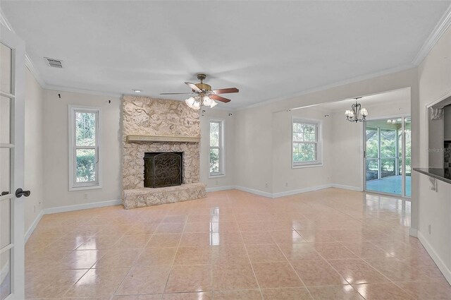 1674 Cottonwood Trl, Sarasota, FL 34232 - unfurnished living room featuring light tile patterned flooring, healthy amount of natural light, crown molding, and a chandelier