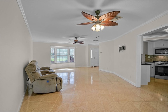 1674 Cottonwood Trl, Sarasota, FL 34232 - unfurnished living room with ornamental molding, light tile patterned flooring, and ceiling fan