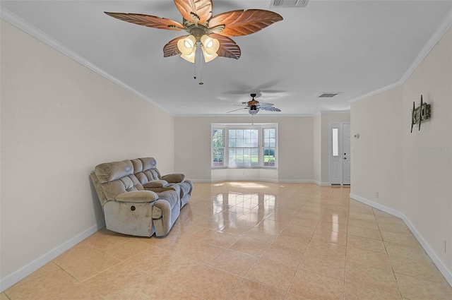 1674 Cottonwood Trl, Sarasota, FL 34232 - living area with crown molding, light tile patterned floors, and a ceiling fan