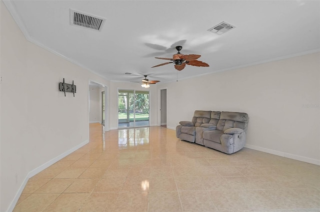 1674 Cottonwood Trl, Sarasota, FL 34232 - unfurnished living room with light tile patterned floors, a ceiling fan, and crown molding