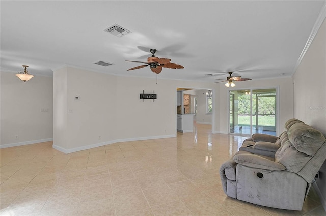 1674 Cottonwood Trl, Sarasota, FL 34232 - living room featuring ornamental molding, ceiling fan, and light tile patterned floors