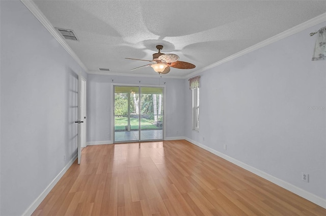 1674 Cottonwood Trl, Sarasota, FL 34232 - spare room with a textured ceiling, a ceiling fan, light wood finished floors, and ornamental molding