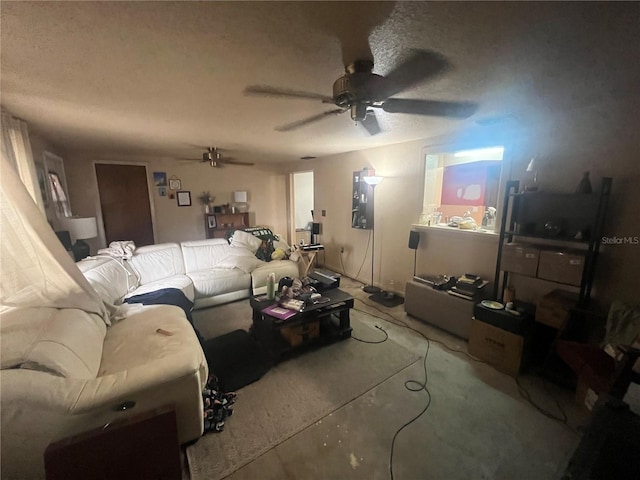 11234 Areca Dr, Port Richey, FL 34668 - living room featuring a ceiling fan and a textured ceiling