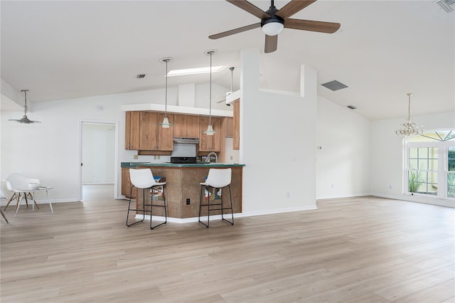 6114 68th Dr E, Palmetto, FL 34221 - kitchen with high vaulted ceiling, dark countertops, brown cabinets, pendant lighting, and light wood finished floors