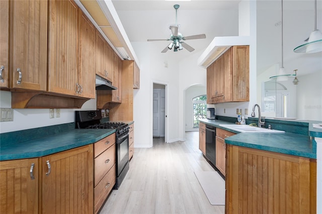 6114 68th Dr E, Palmetto, FL 34221 - kitchen with black range with gas stovetop, under cabinet range hood, dishwashing machine, ceiling fan, and light wood-style flooring