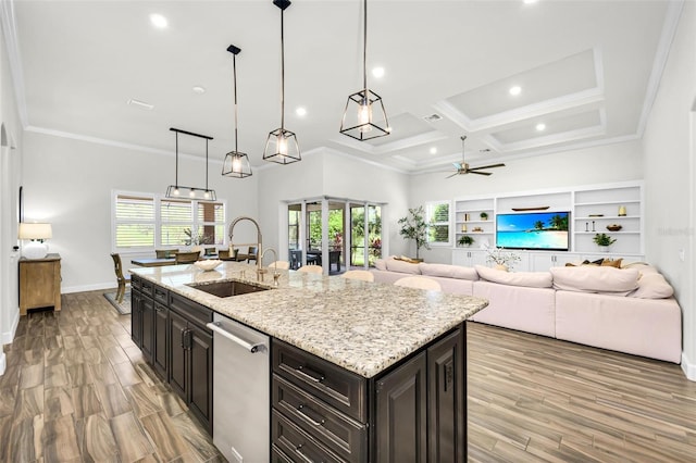 3379 Chestertown Loop, Bradenton, FL 34211 - kitchen featuring stainless steel dishwasher, a ceiling fan, open floor plan, plenty of natural light, and coffered ceiling