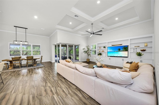 3379 Chestertown Loop, Bradenton, FL 34211 - living room featuring ceiling fan, ornamental molding, coffered ceiling, recessed lighting, and beam ceiling