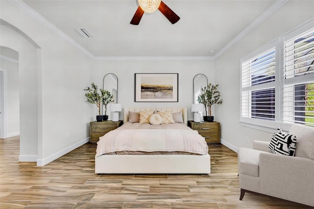 3379 Chestertown Loop, Bradenton, FL 34211 - bedroom featuring arched walkways, ornamental molding, light wood-style floors, and a ceiling fan