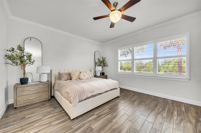 3379 Chestertown Loop, Bradenton, FL 34211 - bedroom with light wood finished floors, ornamental molding, and ceiling fan