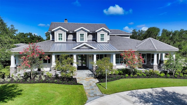 6050 Saddle Oak Trl, Sarasota, FL 34241 - view of front facade featuring covered porch, a chimney, a standing seam roof, a front yard, and french doors