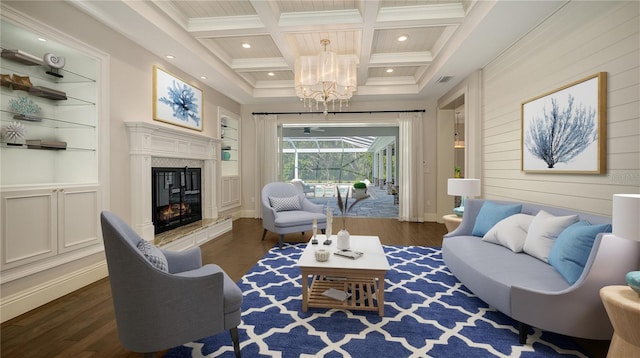 6050 Saddle Oak Trl, Sarasota, FL 34241 - living area with coffered ceiling, a chandelier, wood finished floors, beamed ceiling, and crown molding