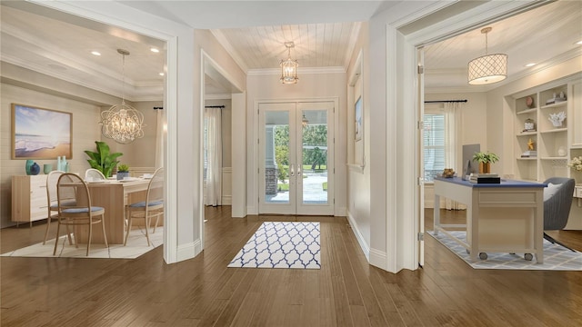6050 Saddle Oak Trl, Sarasota, FL 34241 - entrance foyer featuring a chandelier, french doors, hardwood / wood-style flooring, ornamental molding, and recessed lighting