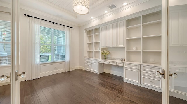 6050 Saddle Oak Trl, Sarasota, FL 34241 - unfurnished office with crown molding, dark wood finished floors, a raised ceiling, and built in desk