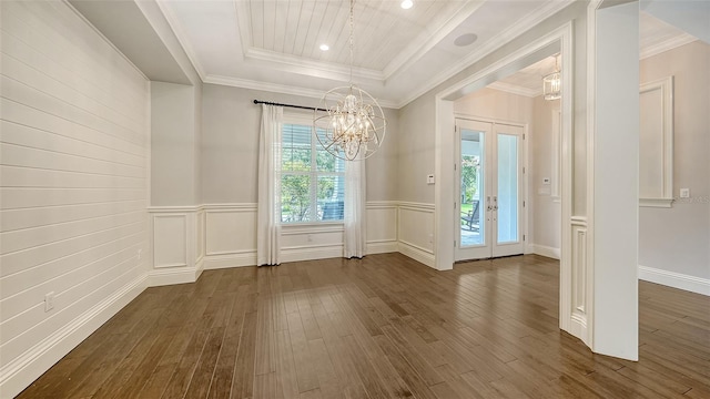 6050 Saddle Oak Trl, Sarasota, FL 34241 - unfurnished dining area with a chandelier, dark wood-type flooring, french doors, recessed lighting, and crown molding
