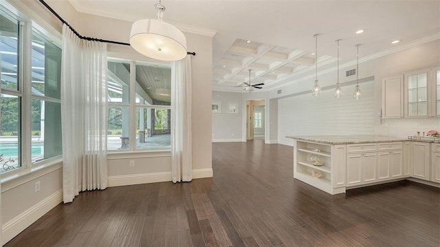 6050 Saddle Oak Trl, Sarasota, FL 34241 - kitchen with crown molding, open shelves, white cabinetry, coffered ceiling, and a ceiling fan