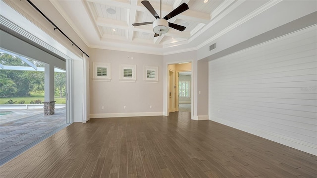 6050 Saddle Oak Trl, Sarasota, FL 34241 - spare room featuring beamed ceiling, healthy amount of natural light, coffered ceiling, a ceiling fan, and dark wood-type flooring