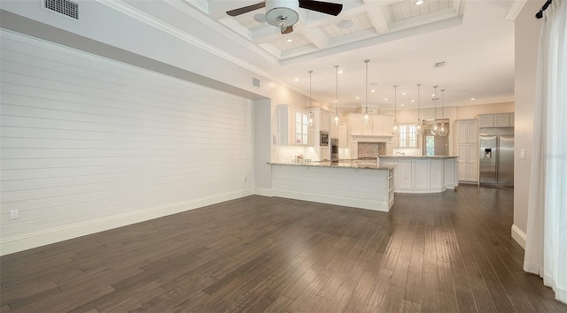 6050 Saddle Oak Trl, Sarasota, FL 34241 - unfurnished living room featuring beamed ceiling, dark wood-type flooring, a ceiling fan, coffered ceiling, and ornamental molding