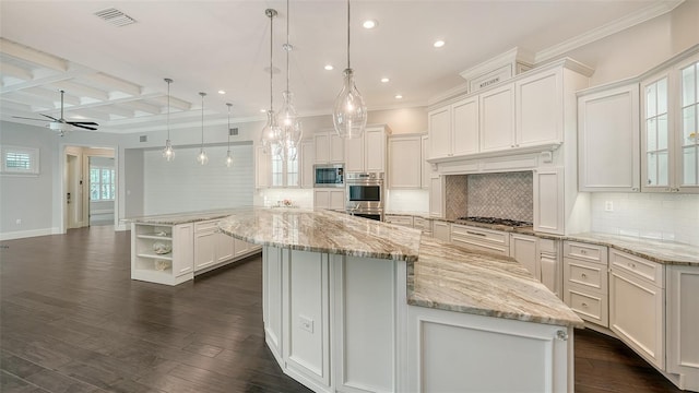 6050 Saddle Oak Trl, Sarasota, FL 34241 - kitchen with stainless steel appliances, a large island, a ceiling fan, recessed lighting, and tasteful backsplash