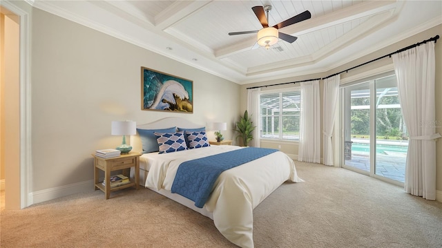 6050 Saddle Oak Trl, Sarasota, FL 34241 - bedroom featuring light carpet, access to outside, ornamental molding, ceiling fan, and coffered ceiling