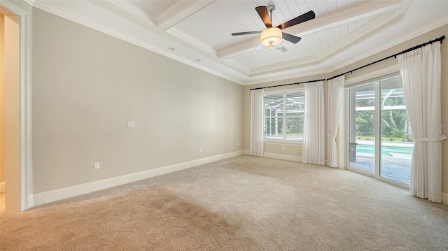 6050 Saddle Oak Trl, Sarasota, FL 34241 - unfurnished room with light carpet, ornamental molding, a ceiling fan, coffered ceiling, and a wood ceiling with exposed beams