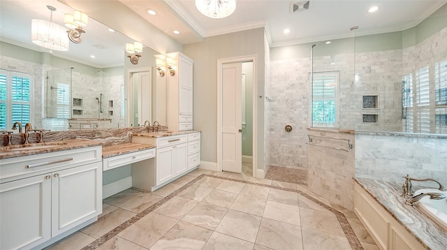 6050 Saddle Oak Trl, Sarasota, FL 34241 - bathroom with plenty of natural light, tiled shower, vanity, a bath, and crown molding