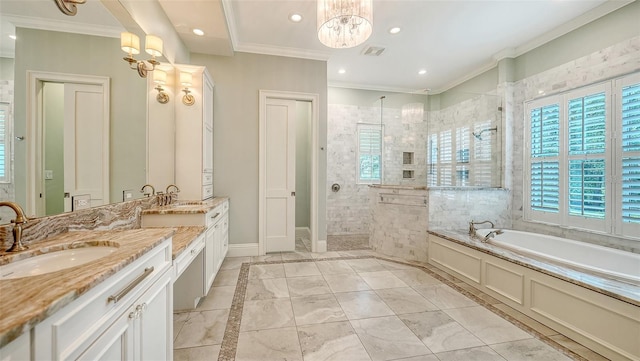 6050 Saddle Oak Trl, Sarasota, FL 34241 - full bath featuring a chandelier, ornamental molding, vanity, a bath, and walk in shower