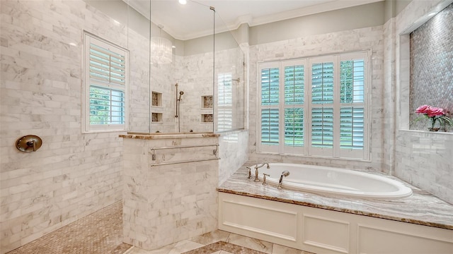 6050 Saddle Oak Trl, Sarasota, FL 34241 - bathroom featuring healthy amount of natural light, a garden tub, walk in shower, and crown molding