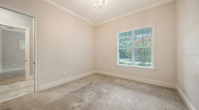 6050 Saddle Oak Trl, Sarasota, FL 34241 - empty room featuring ornamental molding, a chandelier, and light carpet
