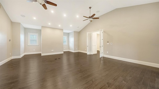 6050 Saddle Oak Trl, Sarasota, FL 34241 - empty room with a ceiling fan, dark wood finished floors, lofted ceiling, and recessed lighting
