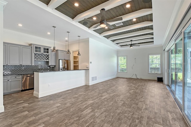 6050 Saddle Oak Trl, Sarasota, FL 34241 - unfurnished living room with ceiling fan, dark wood finished floors, recessed lighting, and a wood ceiling with exposed beams