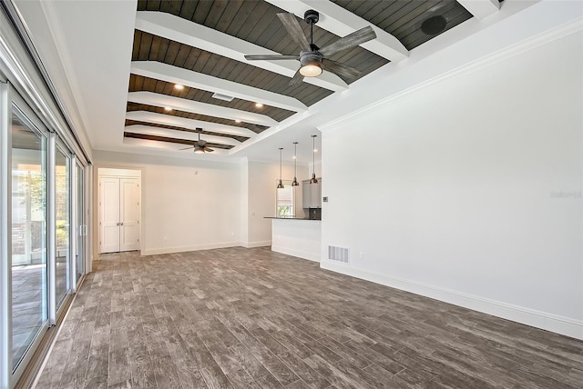 6050 Saddle Oak Trl, Sarasota, FL 34241 - unfurnished living room featuring a ceiling fan, a wood ceiling with exposed beams, dark wood-style floors, a raised ceiling, and ornamental molding
