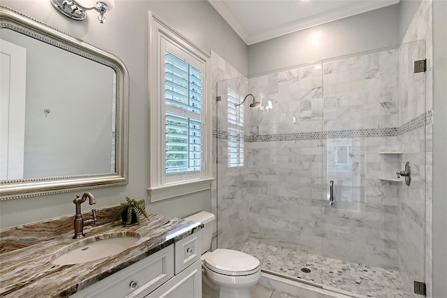 6050 Saddle Oak Trl, Sarasota, FL 34241 - bathroom with a shower stall, vanity, and ornamental molding