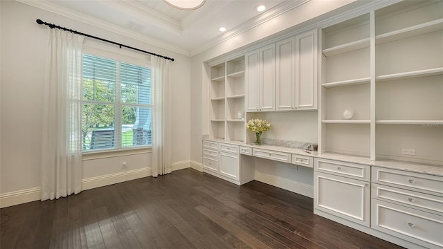 6050 Saddle Oak Trl, Sarasota, FL 34241 - unfurnished office featuring dark wood finished floors, built in study area, crown molding, and a tray ceiling