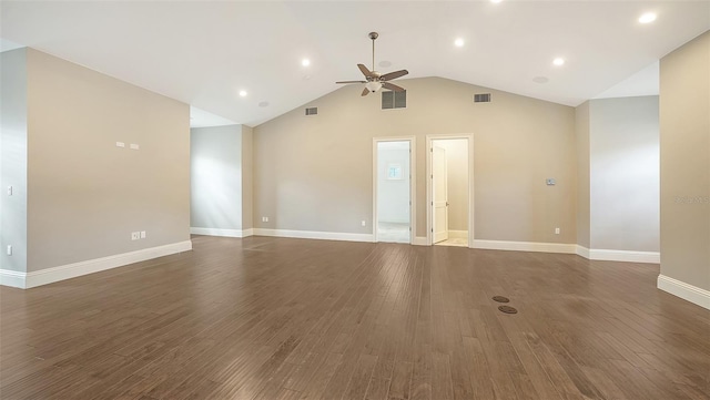6050 Saddle Oak Trl, Sarasota, FL 34241 - unfurnished living room featuring ceiling fan, wood finished floors, lofted ceiling, and recessed lighting