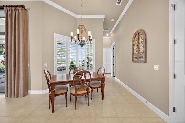 5104 Benito Ct, Bradenton, FL 34211 - dining area featuring crown molding, a chandelier, healthy amount of natural light, light tile patterned floors, and a high ceiling