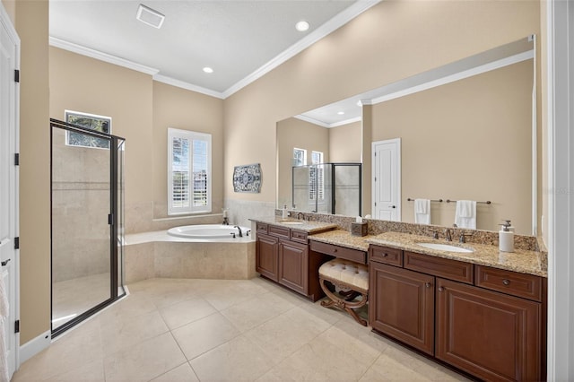 5104 Benito Ct, Bradenton, FL 34211 - full bath with vanity, a shower stall, a garden tub, crown molding, and tile patterned flooring