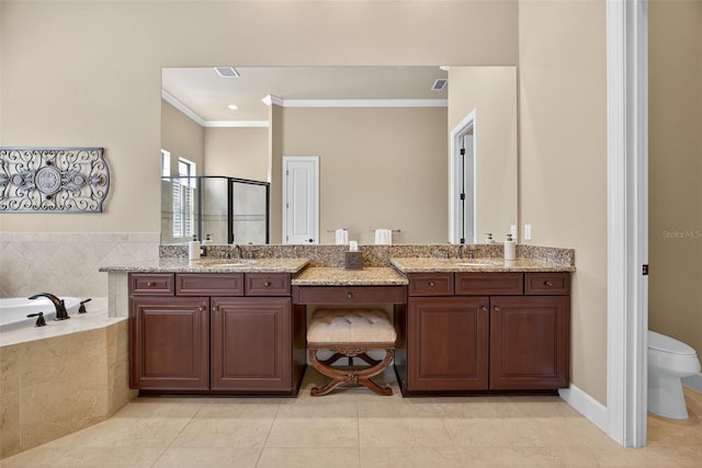 5104 Benito Ct, Bradenton, FL 34211 - bathroom featuring double vanity, crown molding, a shower stall, a garden tub, and tile patterned flooring