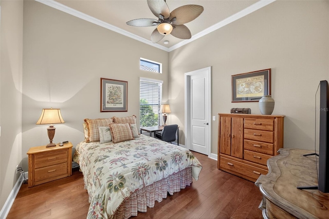 5104 Benito Ct, Bradenton, FL 34211 - bedroom with crown molding, wood finished floors, a ceiling fan, and a high ceiling