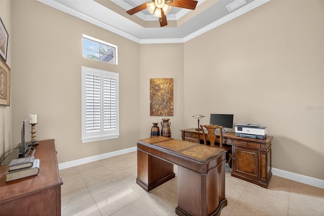 5104 Benito Ct, Bradenton, FL 34211 - office area featuring a ceiling fan, a high ceiling, healthy amount of natural light, crown molding, and light tile patterned flooring