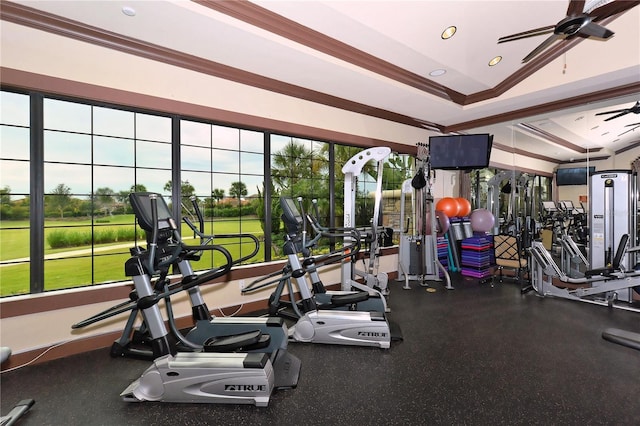 5104 Benito Ct, Bradenton, FL 34211 - workout area with a ceiling fan, crown molding, recessed lighting, and vaulted ceiling