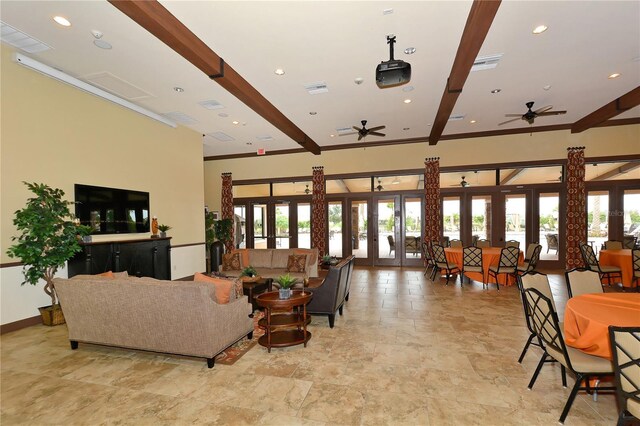 5104 Benito Ct, Bradenton, FL 34211 - living area featuring ceiling fan, french doors, light stone finish flooring, recessed lighting, and beam ceiling