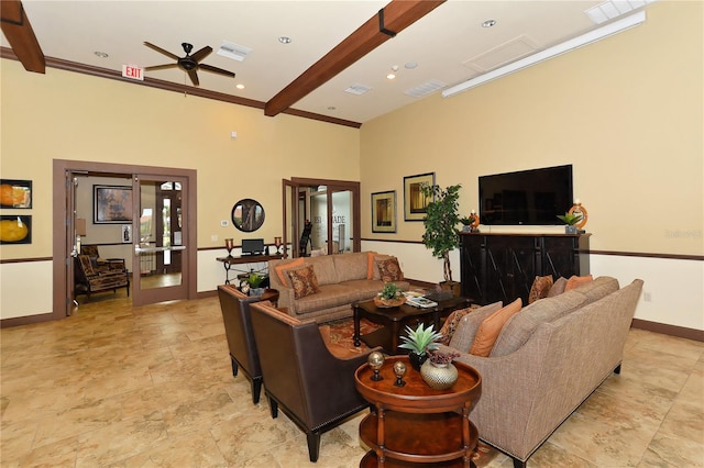 5104 Benito Ct, Bradenton, FL 34211 - living area with ceiling fan, beamed ceiling, crown molding, and recessed lighting