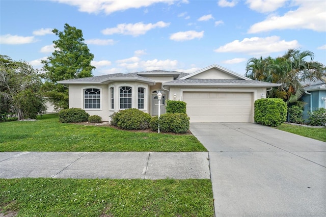 1042 Whitegate Ct, Sarasota, FL 34232 - ranch-style house with concrete driveway, a garage, a front yard, and stucco siding