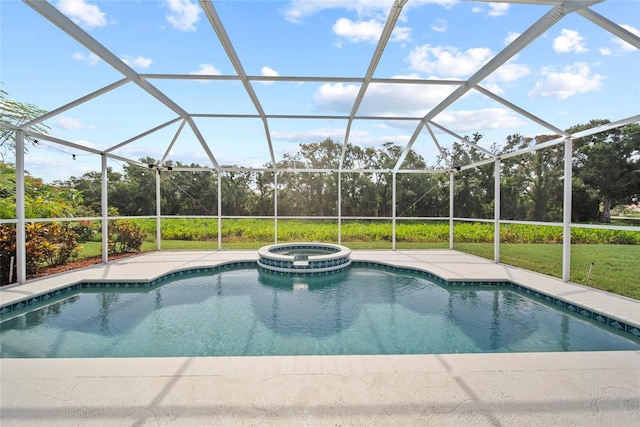 7115 39th Ln E, Sarasota, FL 34243 - view of swimming pool featuring a pool with connected hot tub, a patio area, a lawn, and a lanai