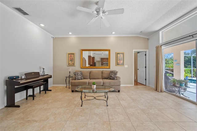 7115 39th Ln E, Sarasota, FL 34243 - living room with a textured ceiling, crown molding, light tile patterned floors, a ceiling fan, and recessed lighting