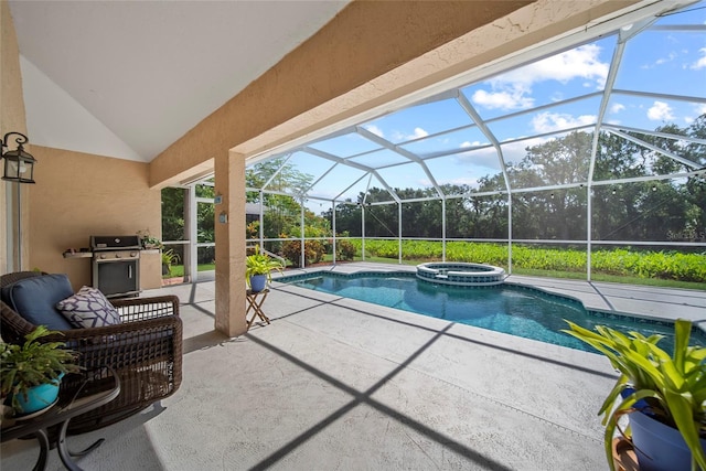 7115 39th Ln E, Sarasota, FL 34243 - view of swimming pool with area for grilling, a patio, a pool with connected hot tub, and glass enclosure