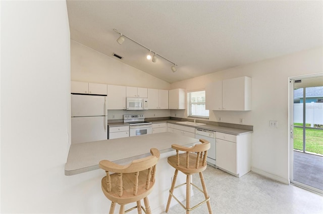 7824 48th Pl E, Bradenton, FL 34203 - kitchen with white appliances, a breakfast bar area, rail lighting, white cabinetry, and lofted ceiling