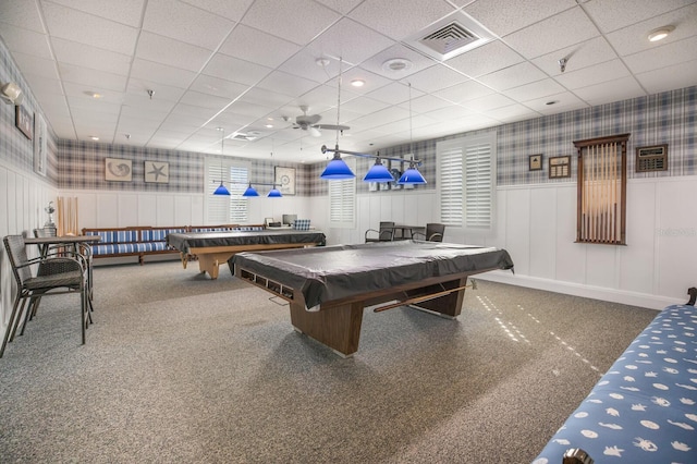 4414 Mount Vernon Dr Unit 1, Bradenton, FL 34210 - playroom featuring a paneled ceiling, carpet, pool table, healthy amount of natural light, and ceiling fan