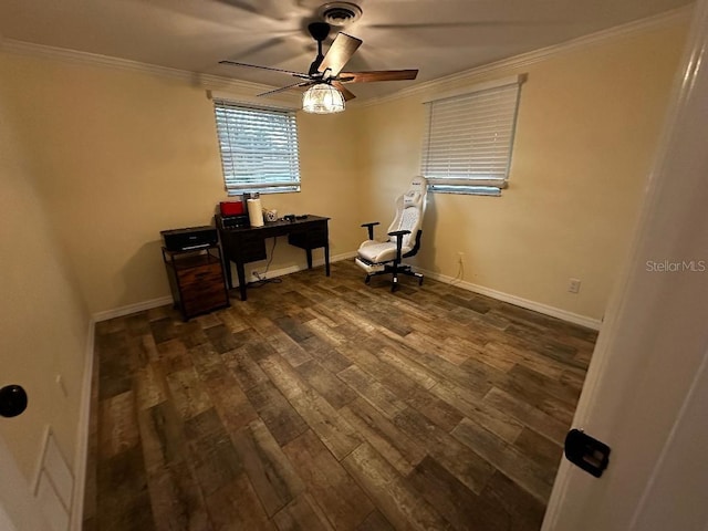 611 Missouri Rd, Venice, FL 34293 - office with ceiling fan, crown molding, and dark wood-style flooring